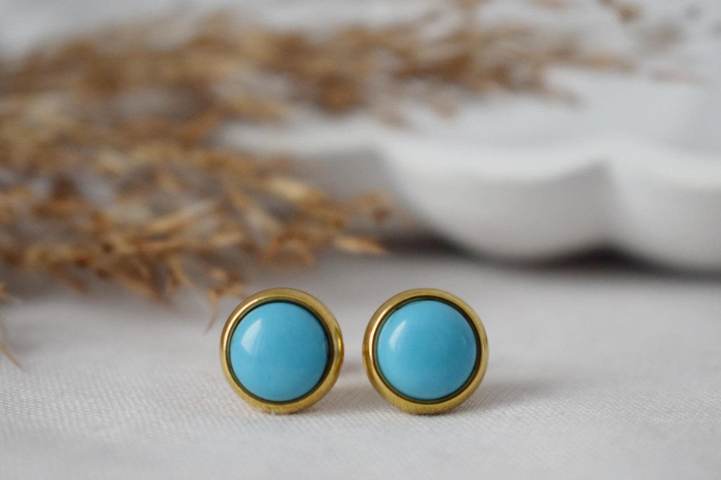 Türkise Ohrstecker, Kleine runde Edelstein Ohrringe, 8mm Push Back Post Ohrringe, Unisex Geschenk Schmuck, Bestes Weihnachtsschmuck Geschenk