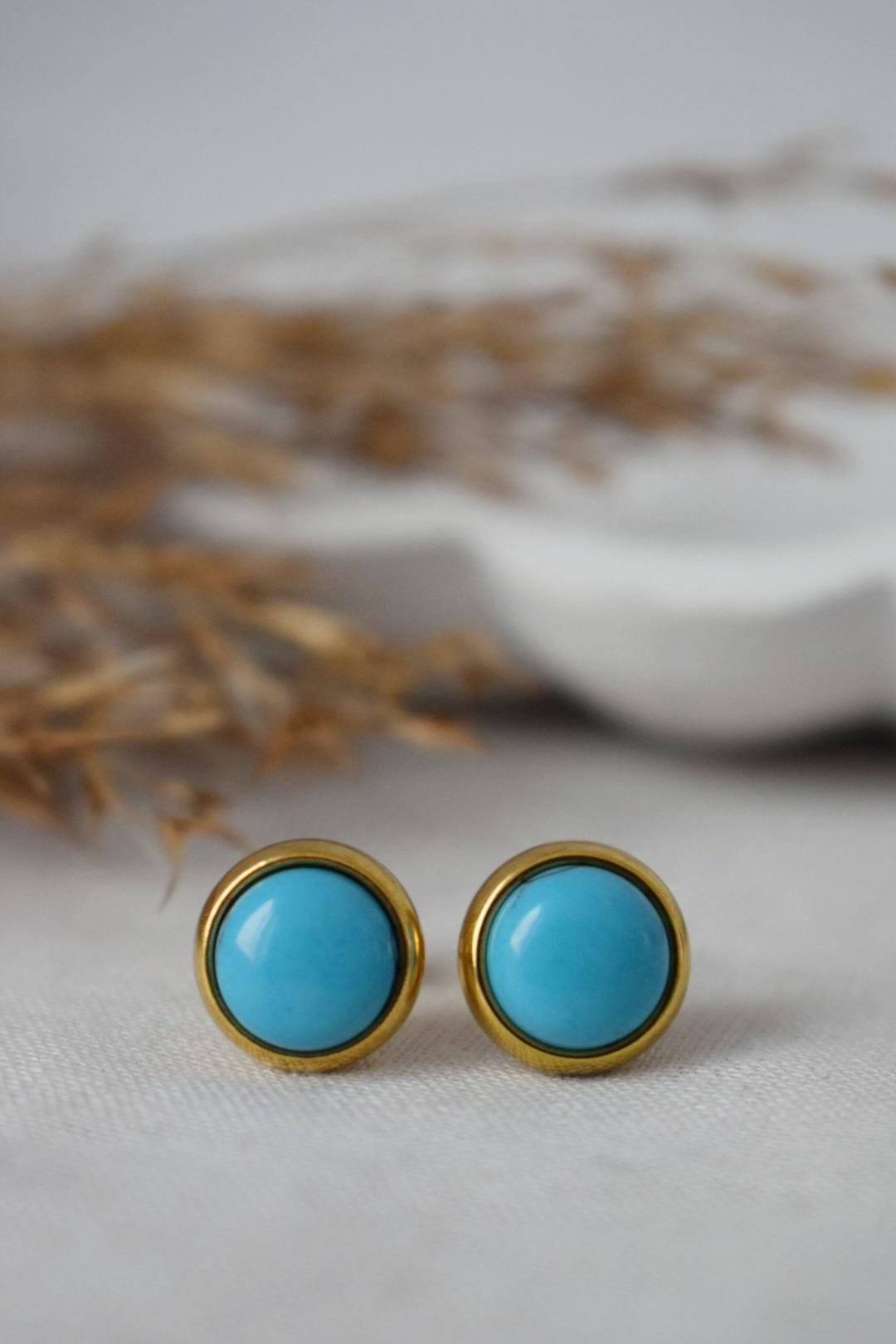 Türkise Ohrstecker, Kleine runde Edelstein Ohrringe, 8mm Push Back Post Ohrringe, Unisex Geschenk Schmuck, Bestes Weihnachtsschmuck Geschenk