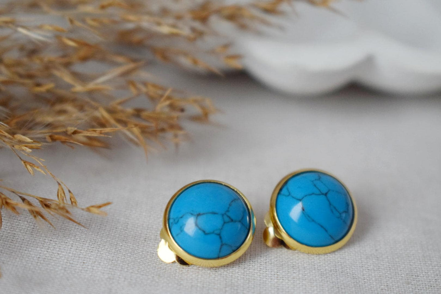 Türkisfarbene Ohrclips, Blaue Edelstein Ohrclips, Leichte, nicht durchbohrte Ohrringe, Ohrringe ohne Loch, handgefertigter Schmuck, Geschenk für Sie