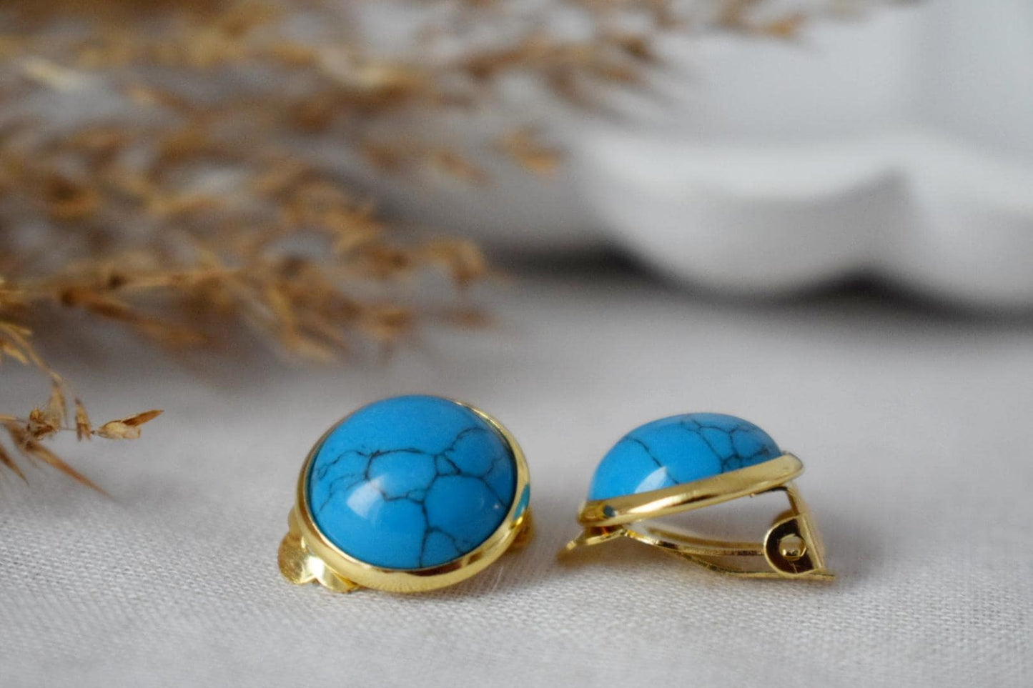 Türkisfarbene Ohrclips, Blaue Edelstein Ohrclips, Leichte, nicht durchbohrte Ohrringe, Ohrringe ohne Loch, handgefertigter Schmuck, Geschenk für Sie