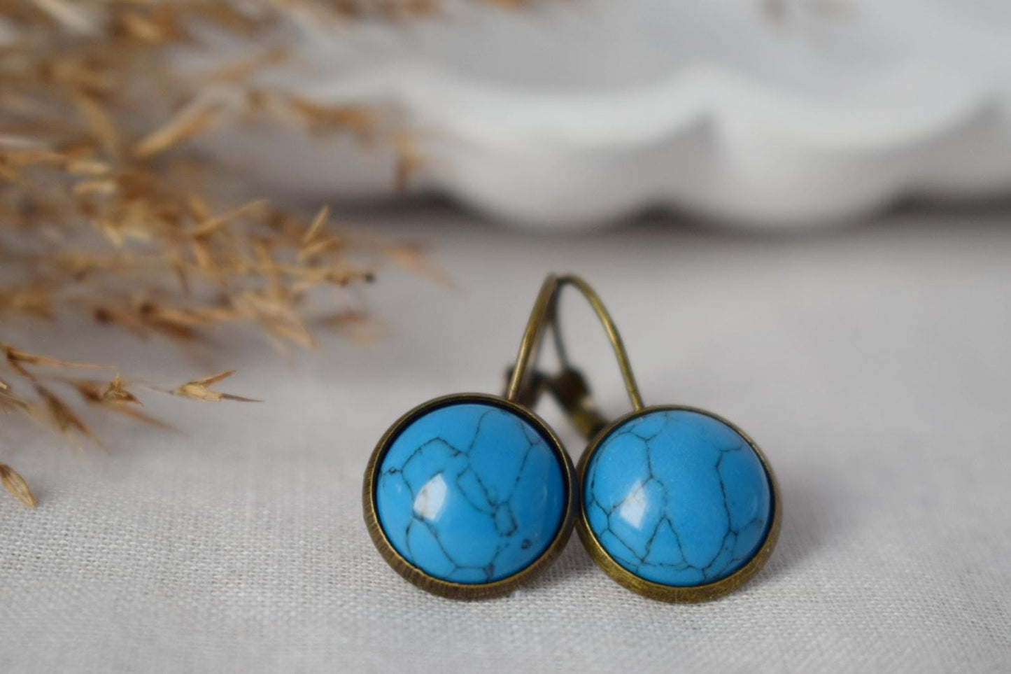 Türkise Vintage Ohrringe, Blaue Edelstein Ohrringe, Stein, Antik Bronze, Lever Back, Handgemachtes Schmuck Geschenk für Sie