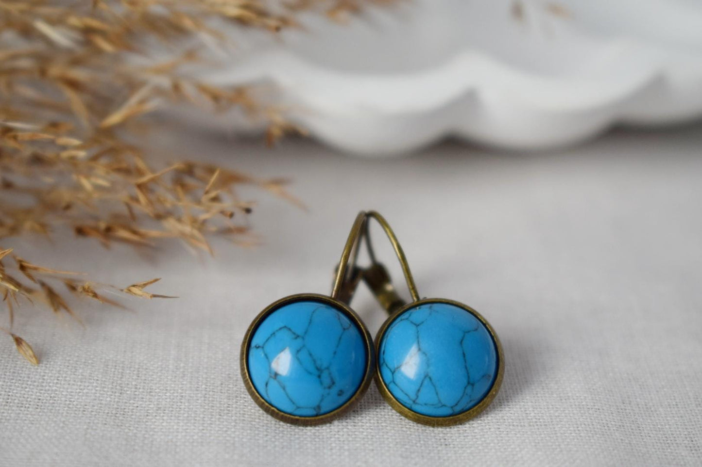 Türkise Vintage Ohrringe, Blaue Edelstein Ohrringe, Stein, Antik Bronze, Lever Back, Handgemachtes Schmuck Geschenk für Sie