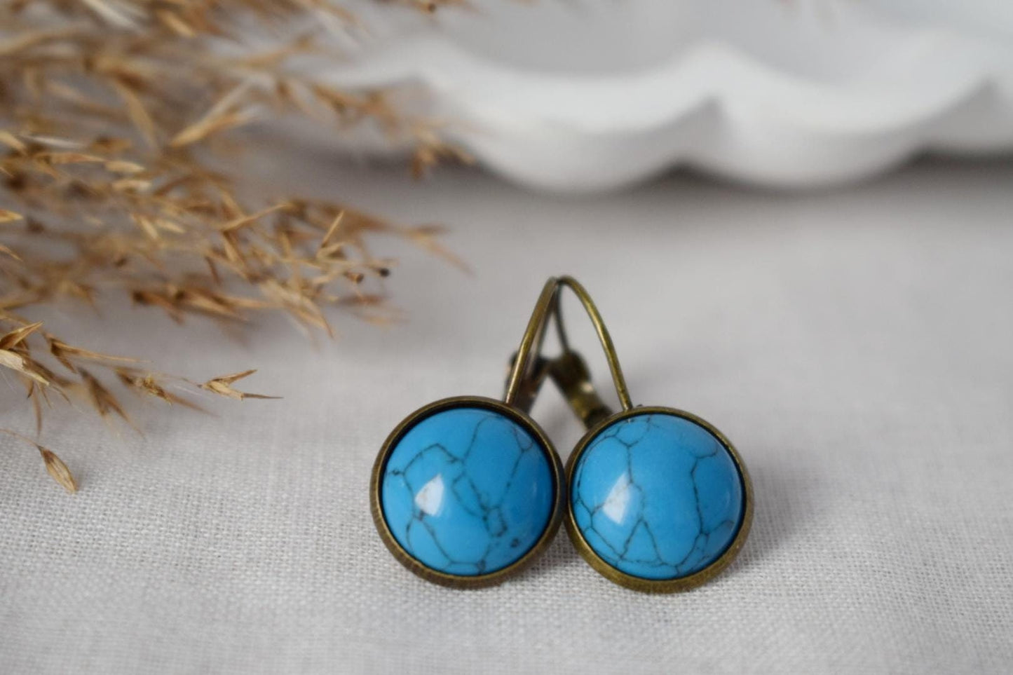 Türkise Vintage Ohrringe, Blaue Edelstein Ohrringe, Stein, Antik Bronze, Lever Back, Handgemachtes Schmuck Geschenk für Sie