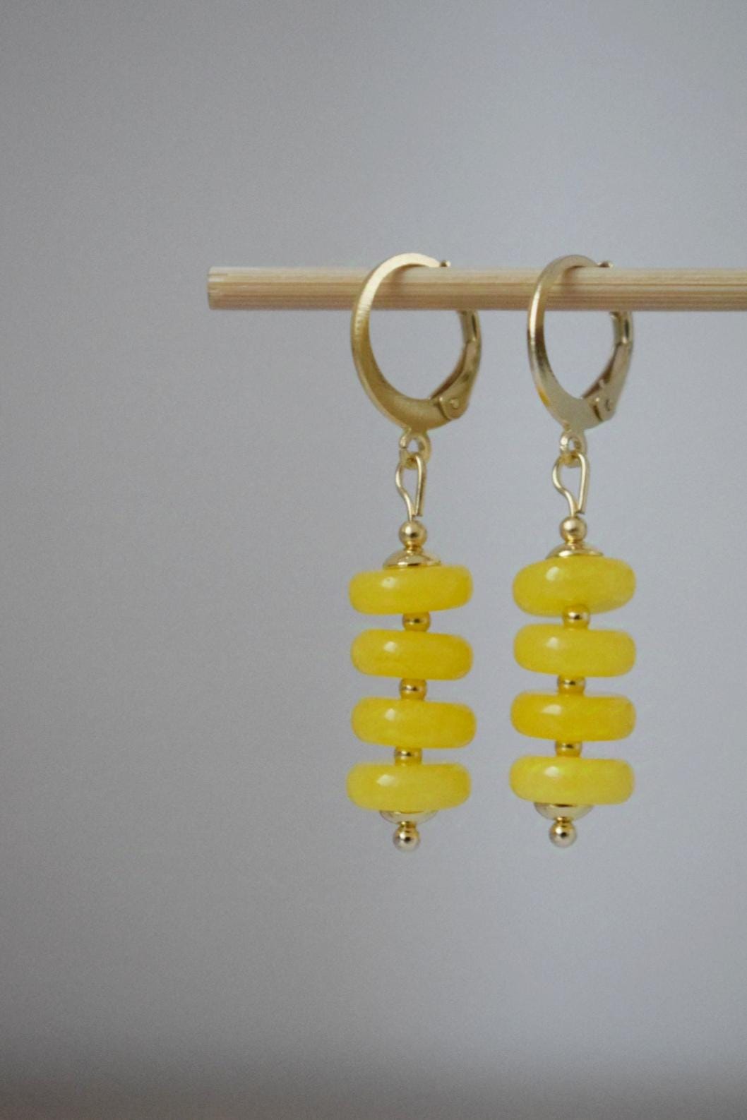Yellow jade earrings, Hoop earrings gemstone, Huggie earrings, Yellow beaded earrings, Hanging earrings, Handmade jewelry, Gift for her