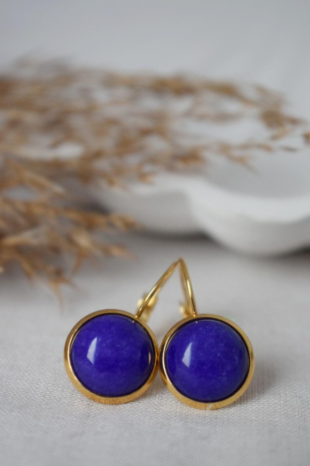 Blue Jade Earrings, 12mm Gemstone Dangle Earrings, Golden Round Stone Lever Back Earrings, Gift For Her, Handmade Jewelry, Mother's day Gift