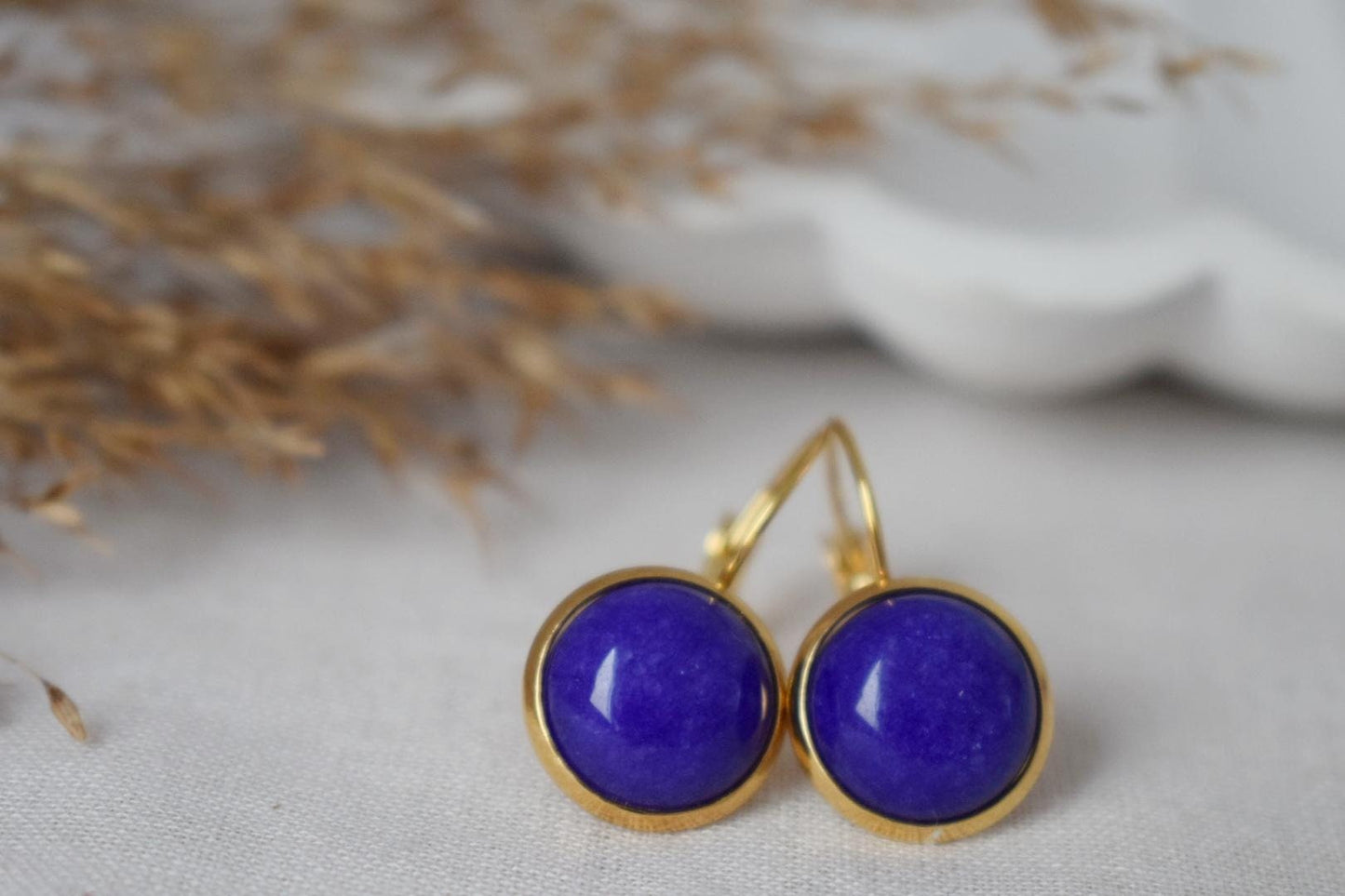 Blue Jade Earrings, 12mm Gemstone Dangle Earrings, Golden Round Stone Lever Back Earrings, Gift For Her, Handmade Jewelry, Mother's day Gift