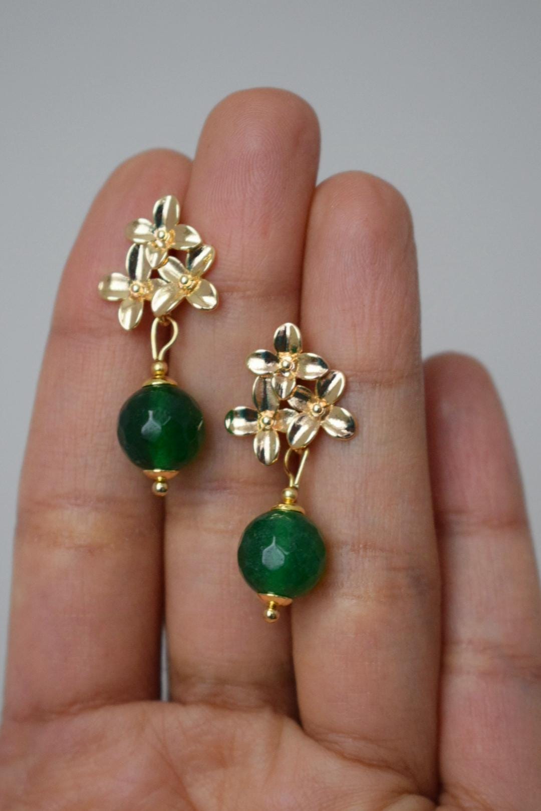 Green Jade Earrings, 18K Gold Flower Studs, Gemstone Jewelry
