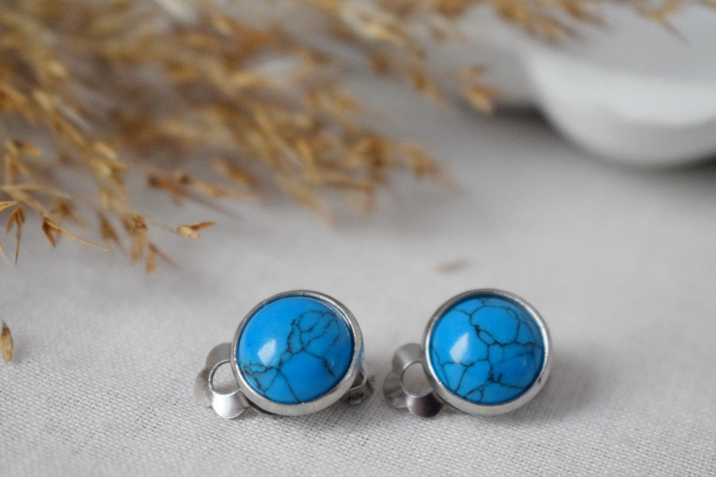 Ohrclips türkis, Ohrclips mit blauen Edelsteinen, Ohrringe ohne Loch, Chirurgenstahl, Ohrringe ohne Ohrloch, Schmuckgeschenk