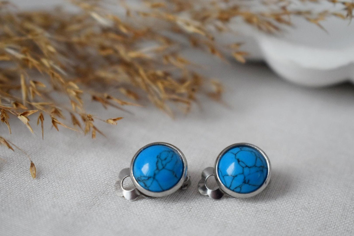 Ohrclips türkis, Ohrclips mit blauen Edelsteinen, Ohrringe ohne Loch, Chirurgenstahl, Ohrringe ohne Ohrloch, Schmuckgeschenk