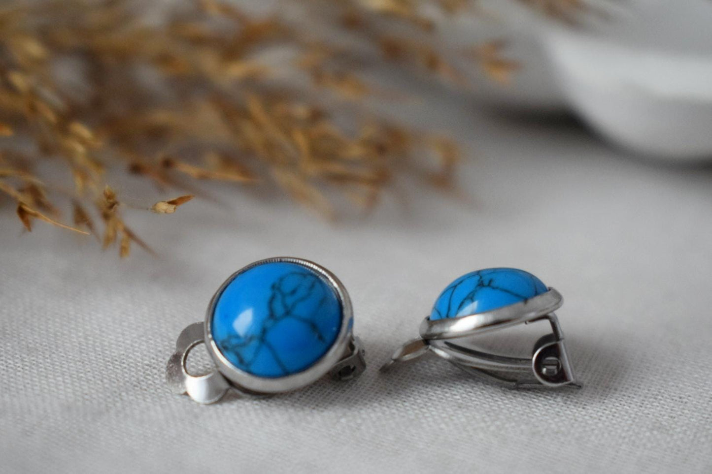 Ohrclips türkis, Ohrclips mit blauen Edelsteinen, Ohrringe ohne Loch, Chirurgenstahl, Ohrringe ohne Ohrloch, Schmuckgeschenk