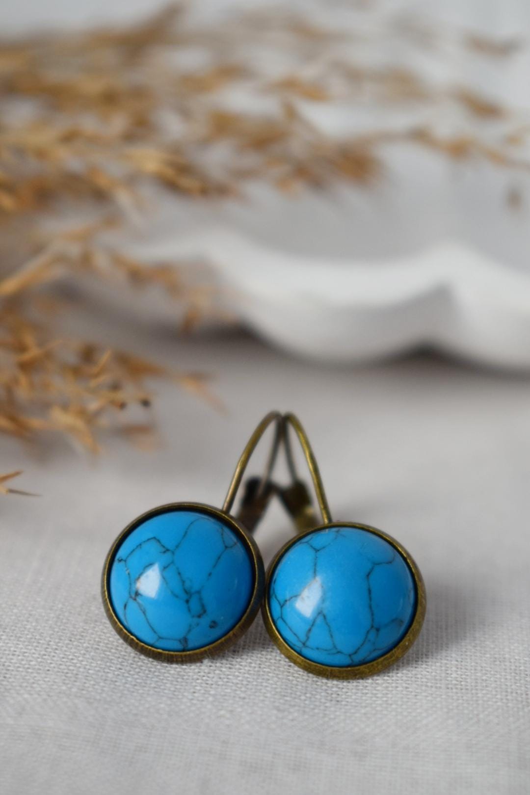 Türkise Vintage Ohrringe, Blaue Edelstein Ohrringe, Stein, Antik Bronze, Lever Back, Handgemachtes Schmuck Geschenk für Sie