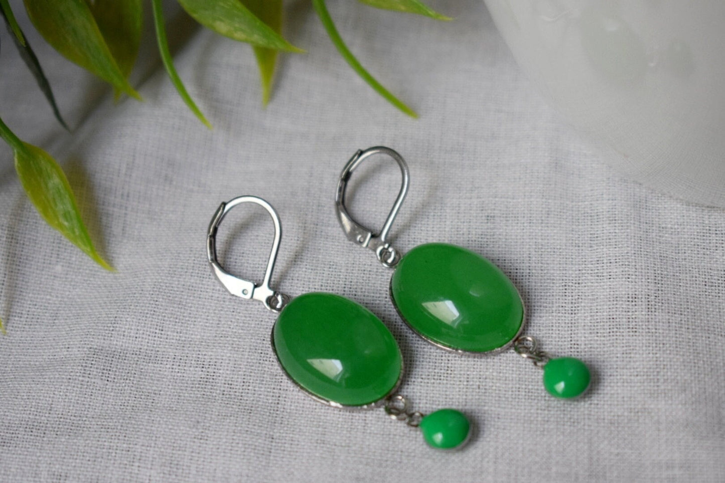Green jade dangle earrings, Oval gemstone huggie hoops, Enamel pendant hanging earrings, Handmade boho jewelry, Best christmas gift for her