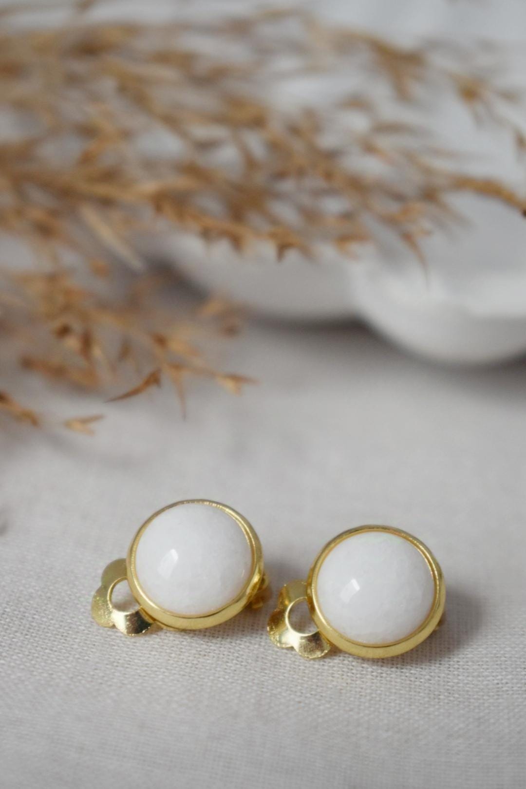 White jade clip on earrings, Golden small gemstone ear clips, Non pierced earrings, No hole earrings, Surgical stainless steel, Jewelry gift