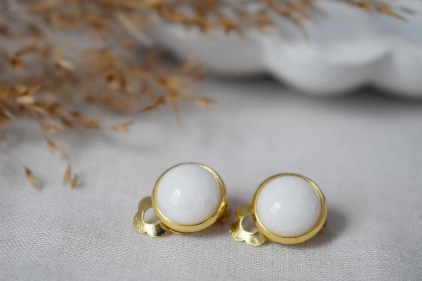 White jade clip on earrings, Golden small gemstone ear clips, Non pierced earrings, No hole earrings, Surgical stainless steel, Jewelry gift