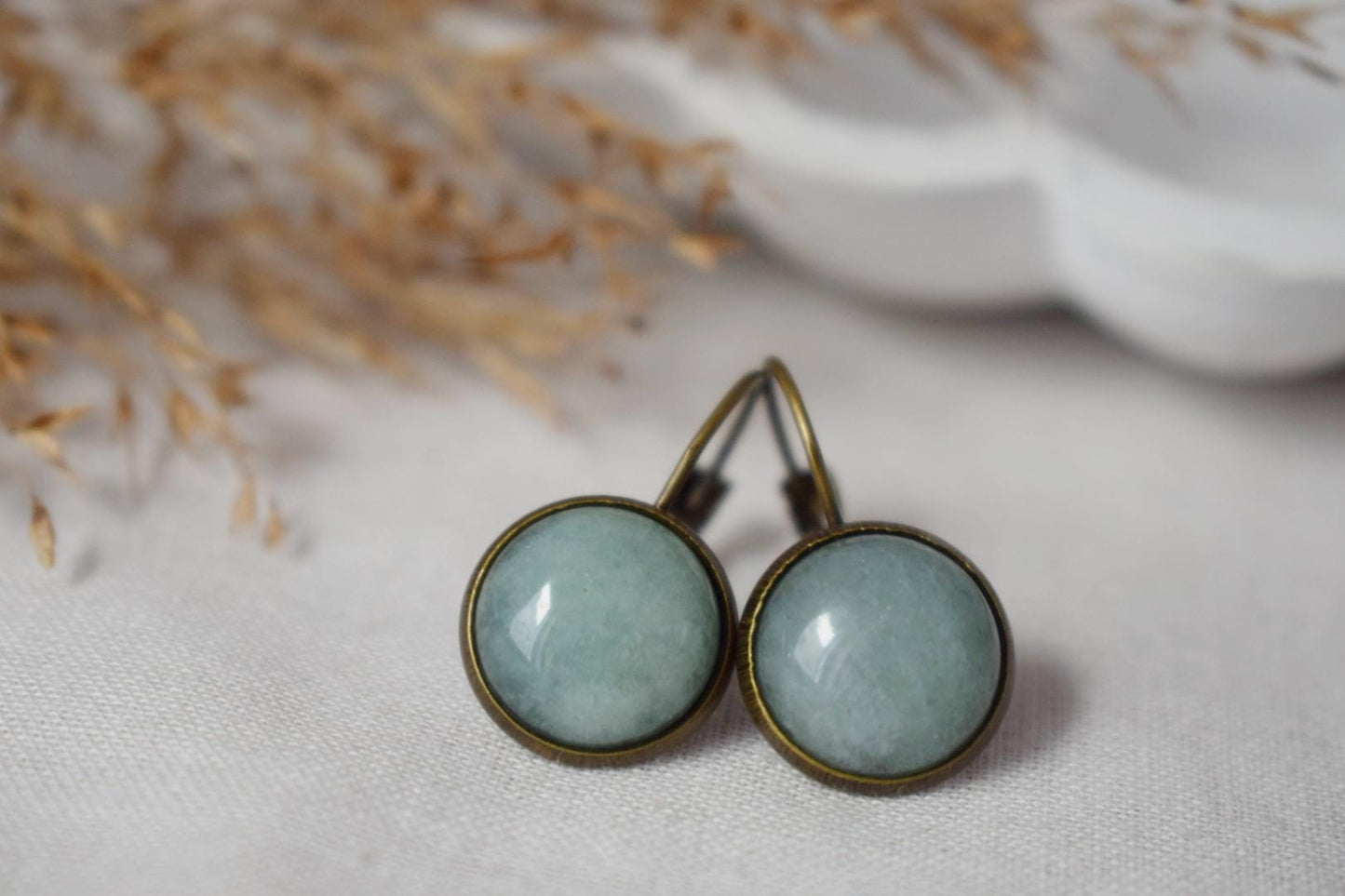 Grüne Aventurin-Vintage-Ohrringe, Edelstein, rund, grüner Stein, baumelnd, antike Bronze, Hebelverschluss, Aventurin-Schmuck, Hängeohrringe