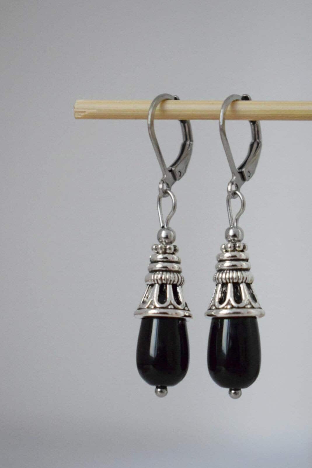 Schwarze Onyx Tropfen Ohrringe, Schwarze Edelstein Silber Tropfen Ohrringe, Vintage Stein Ohrringe für Frauen, Handgefertigter Schmuck Geschenk für Sie