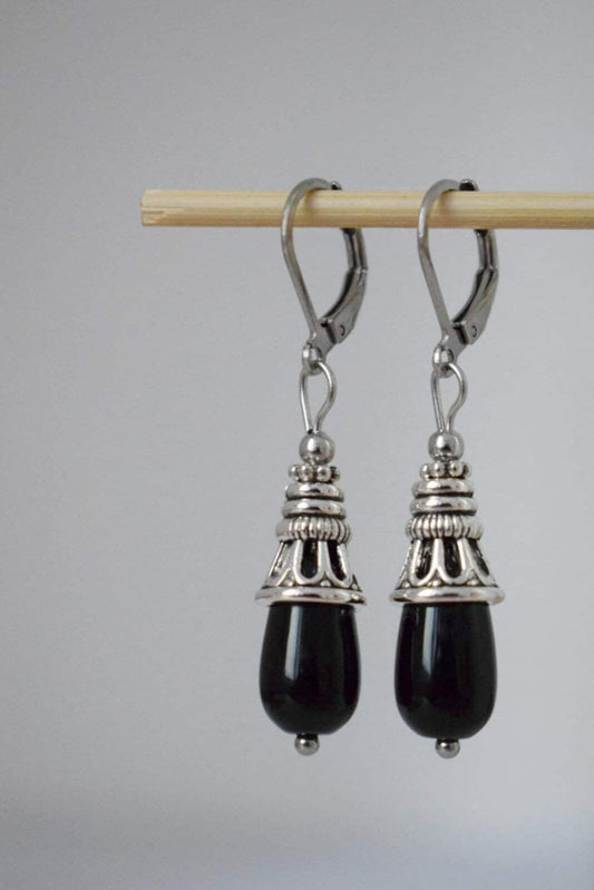Black Onyx teardrop earrings, Black gemstone silver drop earrings, Vintage stone dangle earrings for women, Handmade jewelry gift for her