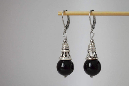 Black agate earrings, Boho gemstone drop earrings, Vintage stone dangle earrings for women, Handmade ethnic jewelry, Gift for her