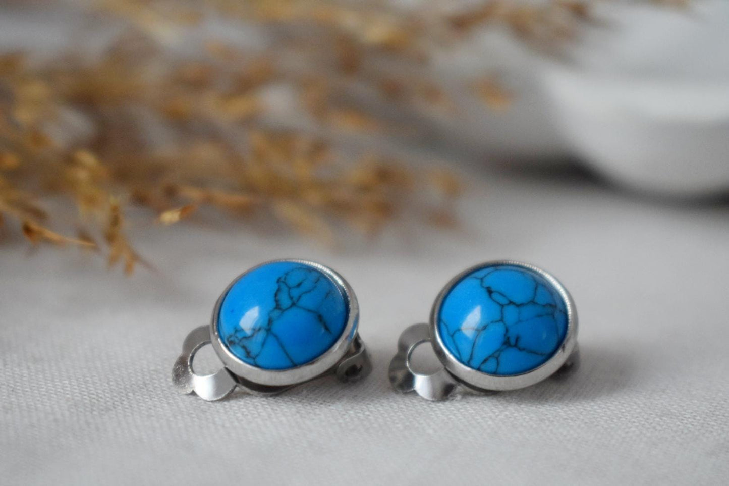 Ohrclips türkis, Ohrclips mit blauen Edelsteinen, Ohrringe ohne Loch, Chirurgenstahl, Ohrringe ohne Ohrloch, Schmuckgeschenk