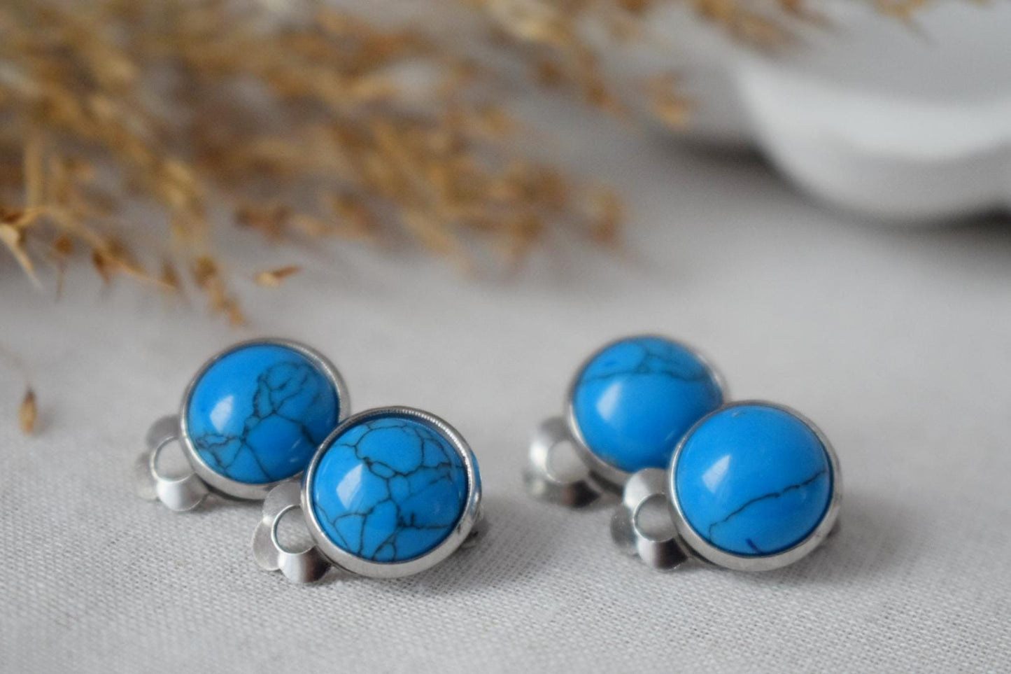 Ohrclips türkis, Ohrclips mit blauen Edelsteinen, Ohrringe ohne Loch, Chirurgenstahl, Ohrringe ohne Ohrloch, Schmuckgeschenk