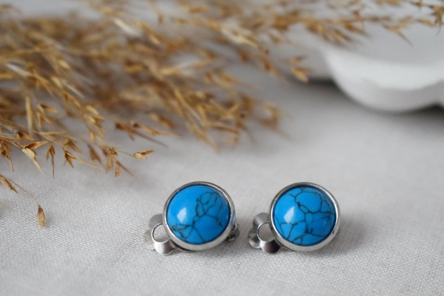 Ohrclips türkis, Ohrclips mit blauen Edelsteinen, Ohrringe ohne Loch, Chirurgenstahl, Ohrringe ohne Ohrloch, Schmuckgeschenk