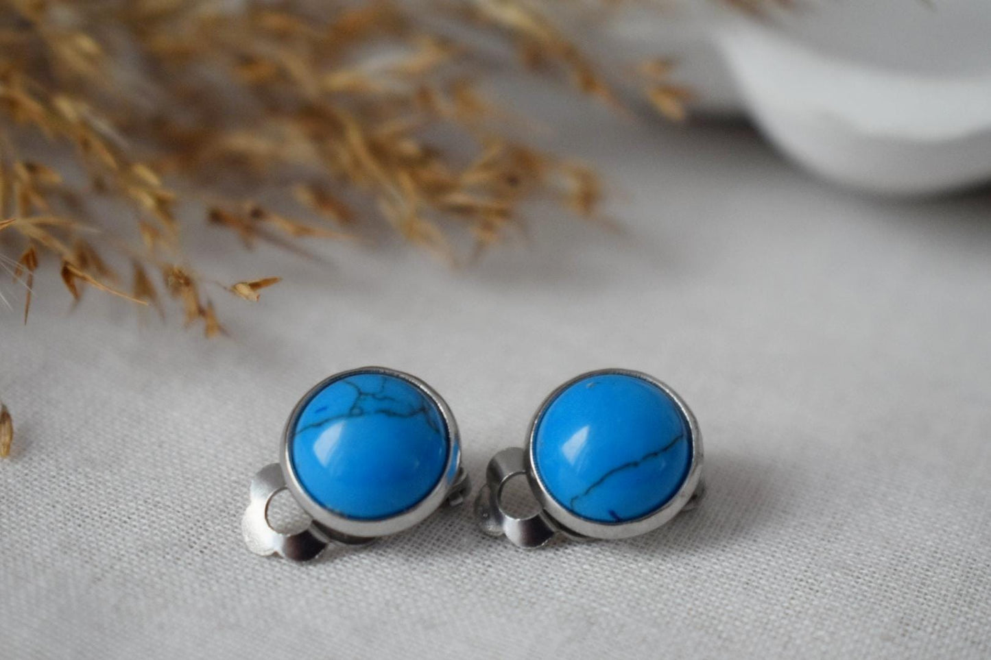 Ohrclips türkis, Ohrclips mit blauen Edelsteinen, Ohrringe ohne Loch, Chirurgenstahl, Ohrringe ohne Ohrloch, Schmuckgeschenk