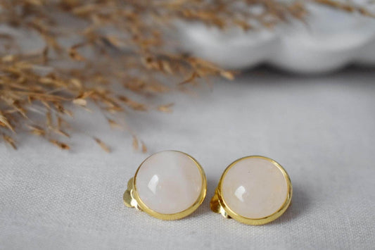 Golden clip on earrings with quartz, 12mm round gemstone, Non pierced earrings, Stainless steel jewelry, No hole earrings, Handmade gift