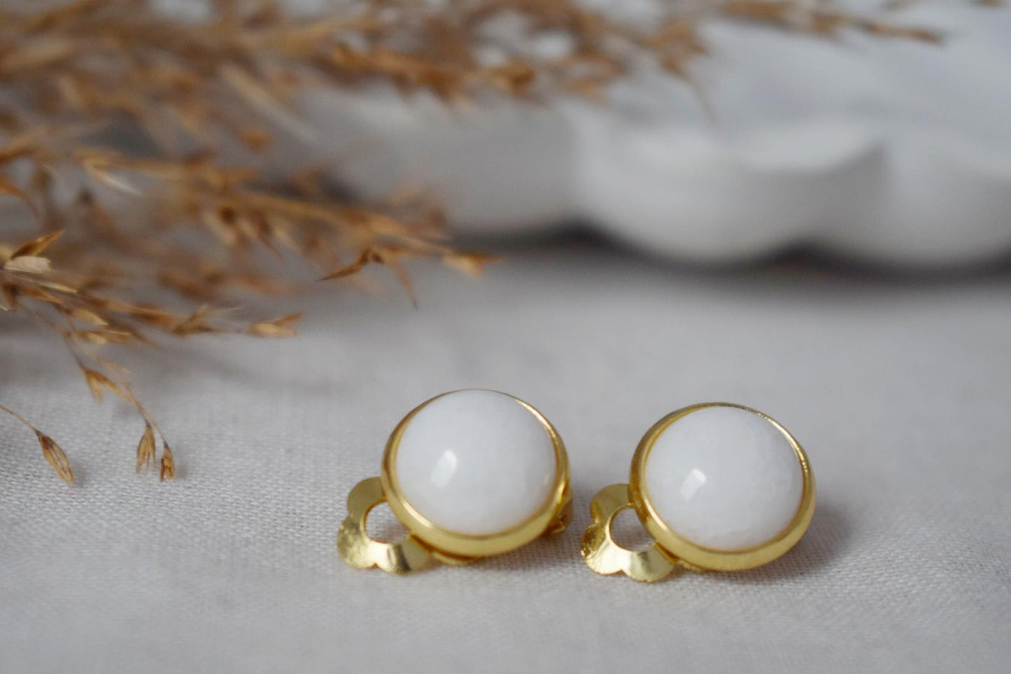 White jade clip on earrings, Golden small gemstone ear clips, Non pierced earrings, No hole earrings, Surgical stainless steel, Jewelry gift