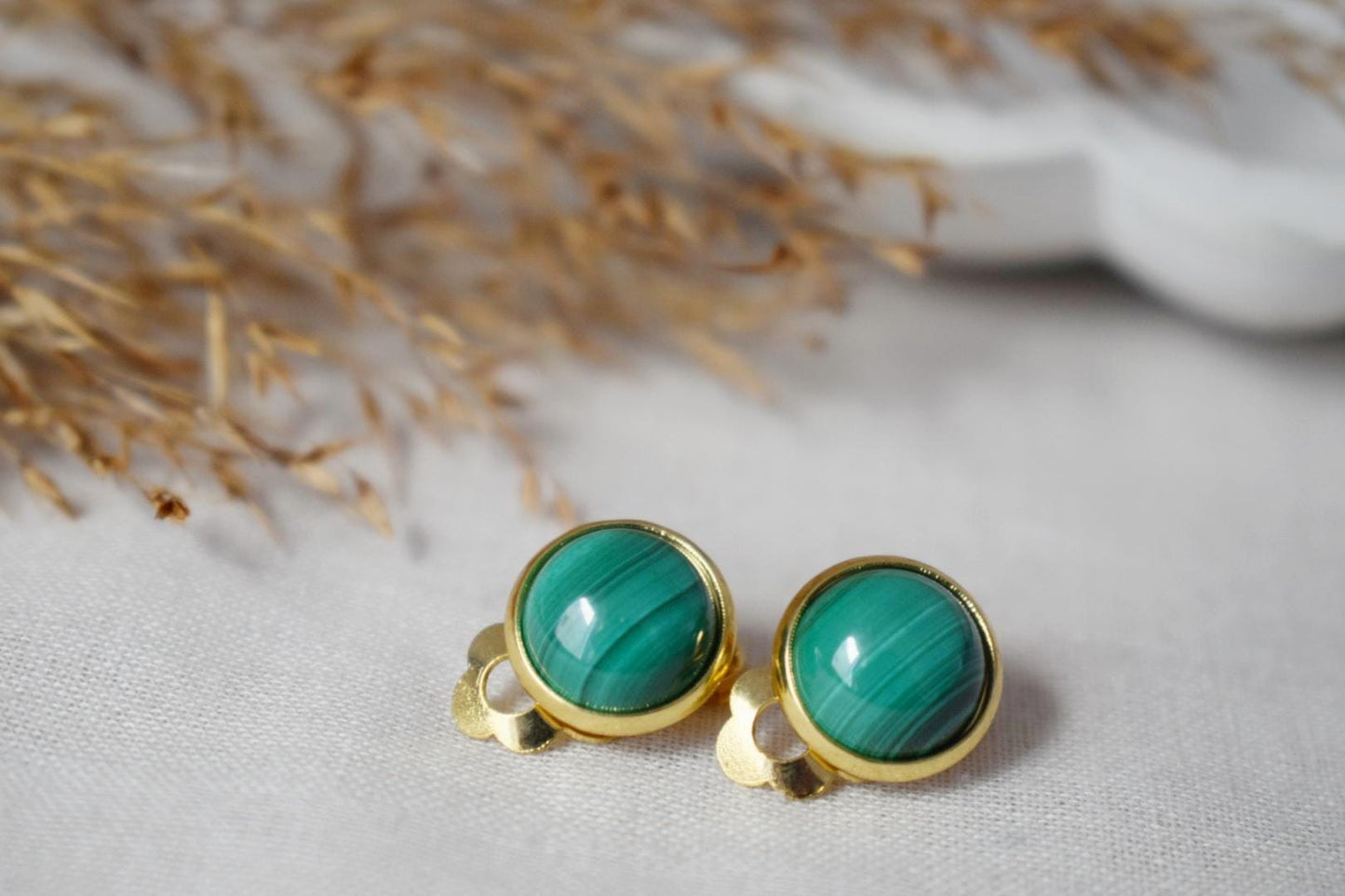 Malachite Clip on earrings women, Small Green gemstone ear clips, Surgical stainless steel, Natural stone, Non pierced, No hole earrings