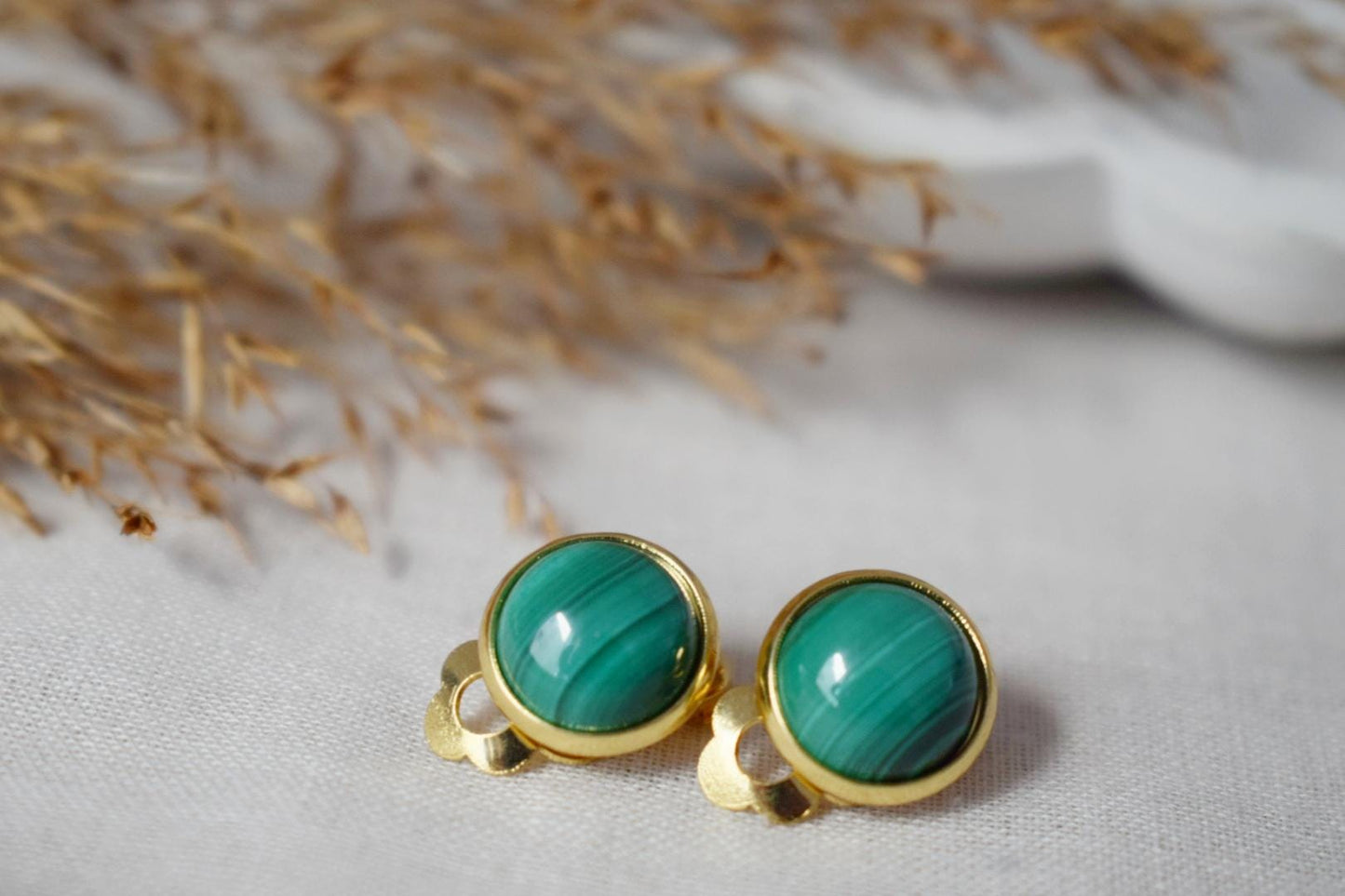 Malachite Clip on earrings women, Small Green gemstone ear clips, Surgical stainless steel, Natural stone, Non pierced, No hole earrings