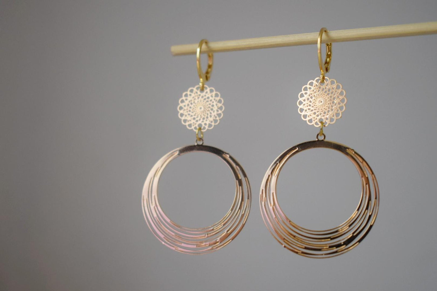 Ornament earrings for women, Mandala earrings, 24k gold plated stainless steel huggie, Boho filigree hoops, Unique jewelry, Gift for her