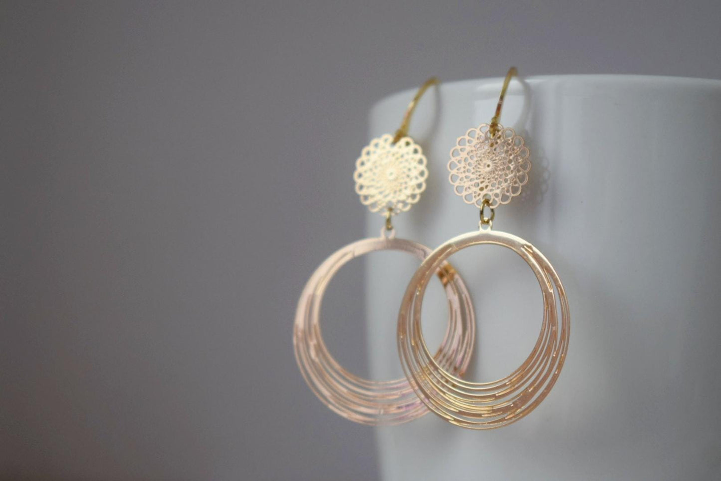 Ornament earrings for women, Mandala earrings, 24k gold plated stainless steel huggie, Boho filigree hoops, Unique jewelry, Gift for her