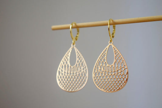 Teardrop ornament earrings for women, Boho filigree lightweight earrings, 24k gold plated stainless steel huggie hoops, Unique jewelry