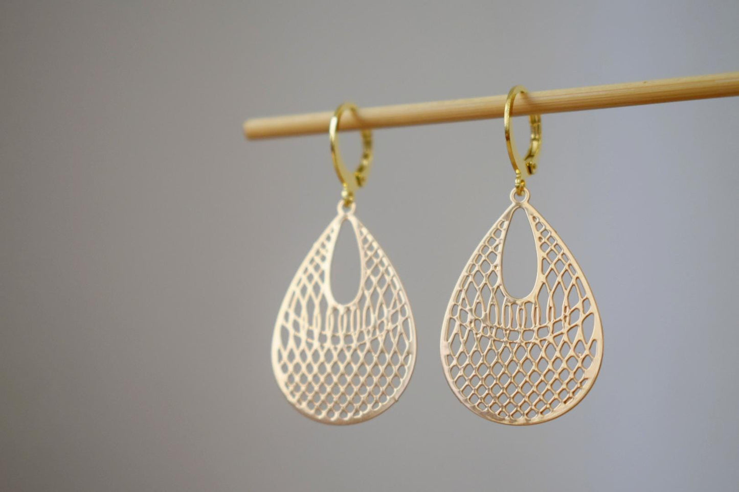 Teardrop ornament earrings for women, Boho filigree lightweight earrings, 24k gold plated stainless steel huggie hoops, Unique jewelry