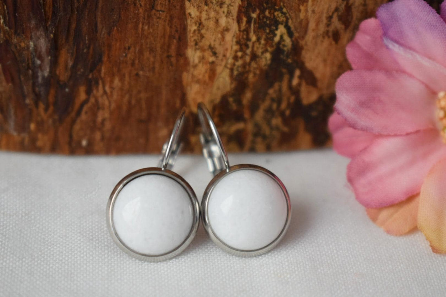 White jade earrings in stainless steel leverback, Small round gemstone earrings, 10mm stone, Jade jewelry, Gift for women