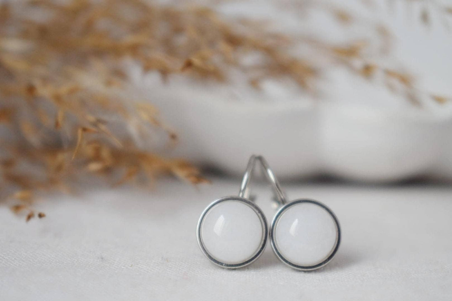 White jade earrings in stainless steel leverback, Small round gemstone earrings, 10mm stone, Jade jewelry, Gift for women