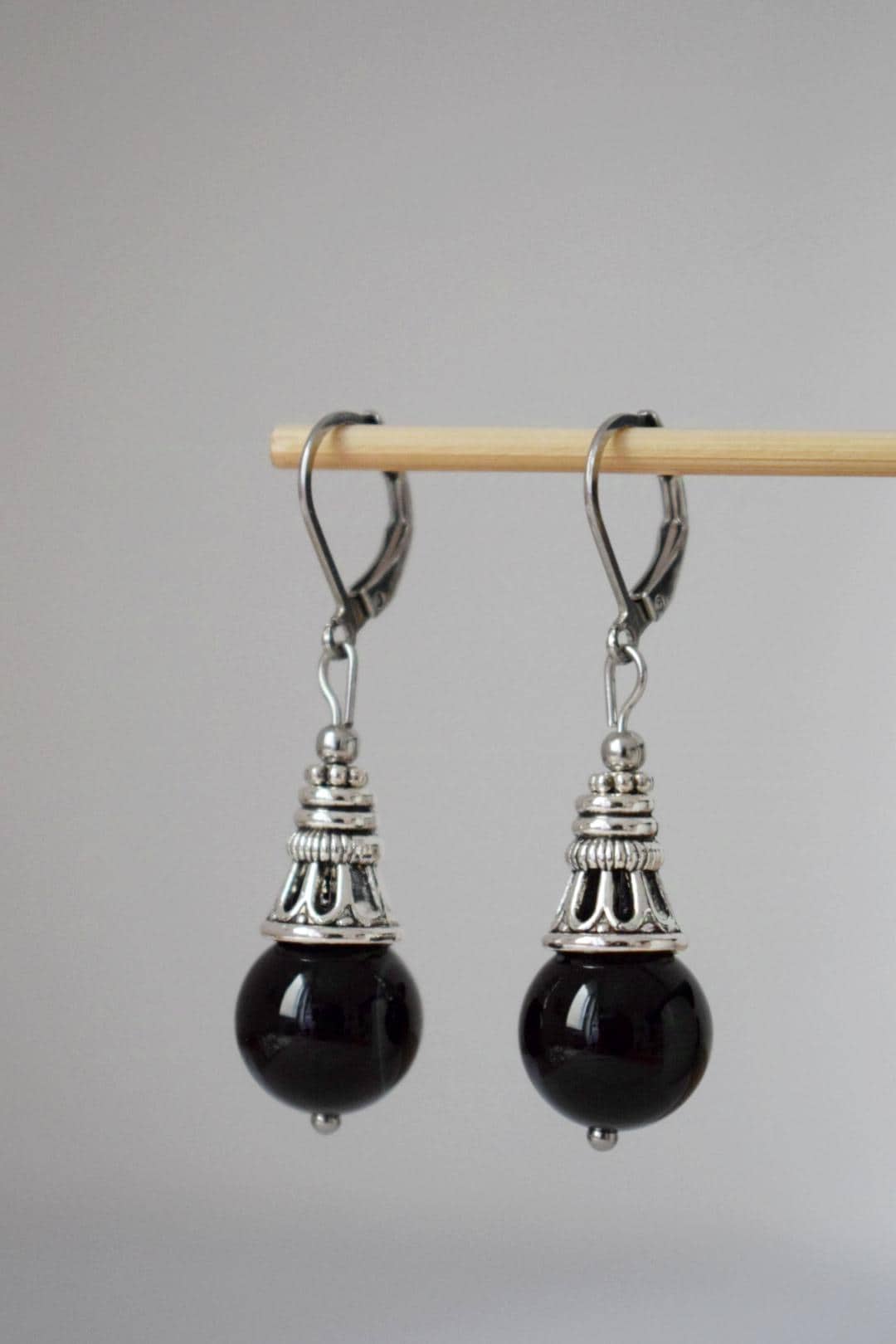 Schwarze Achat Ohrringe, Boho Edelstein Tropfen Ohrringe, Vintage Stein Ohrringe für Frauen, Handgemachter ethnischer Schmuck, Geschenk für Sie