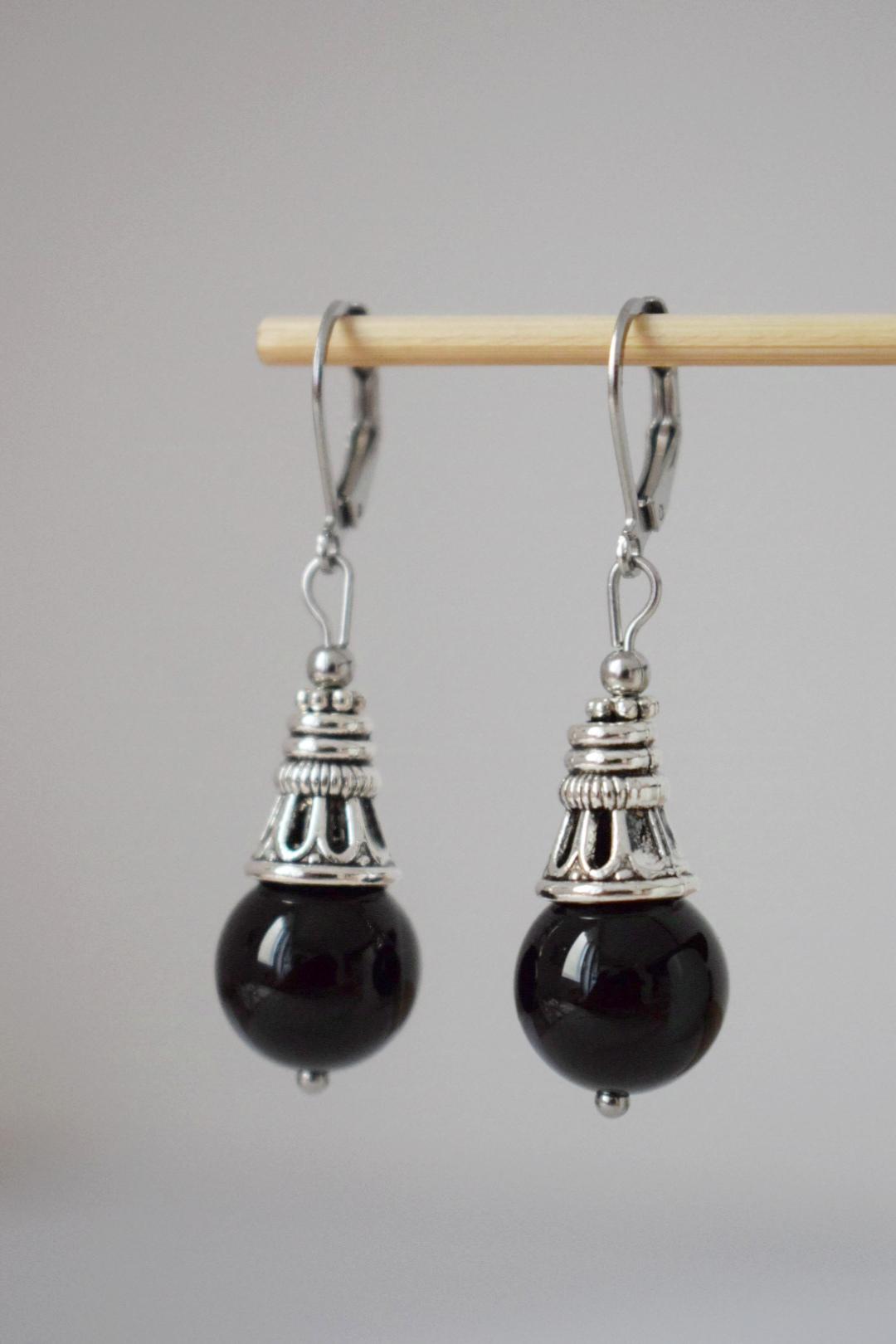 Schwarze Achat Ohrringe, Boho Edelstein Tropfen Ohrringe, Vintage Stein Ohrringe für Frauen, Handgemachter ethnischer Schmuck, Geschenk für Sie