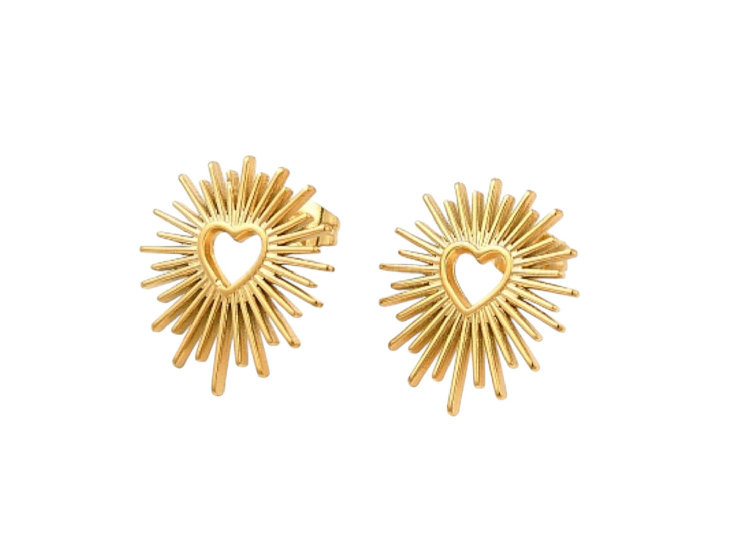 Sunburst heart stud earrings, 18K gold plated stainless steel push earrings, Lightweight post earrings, Modern boho jewelry, Gift for women