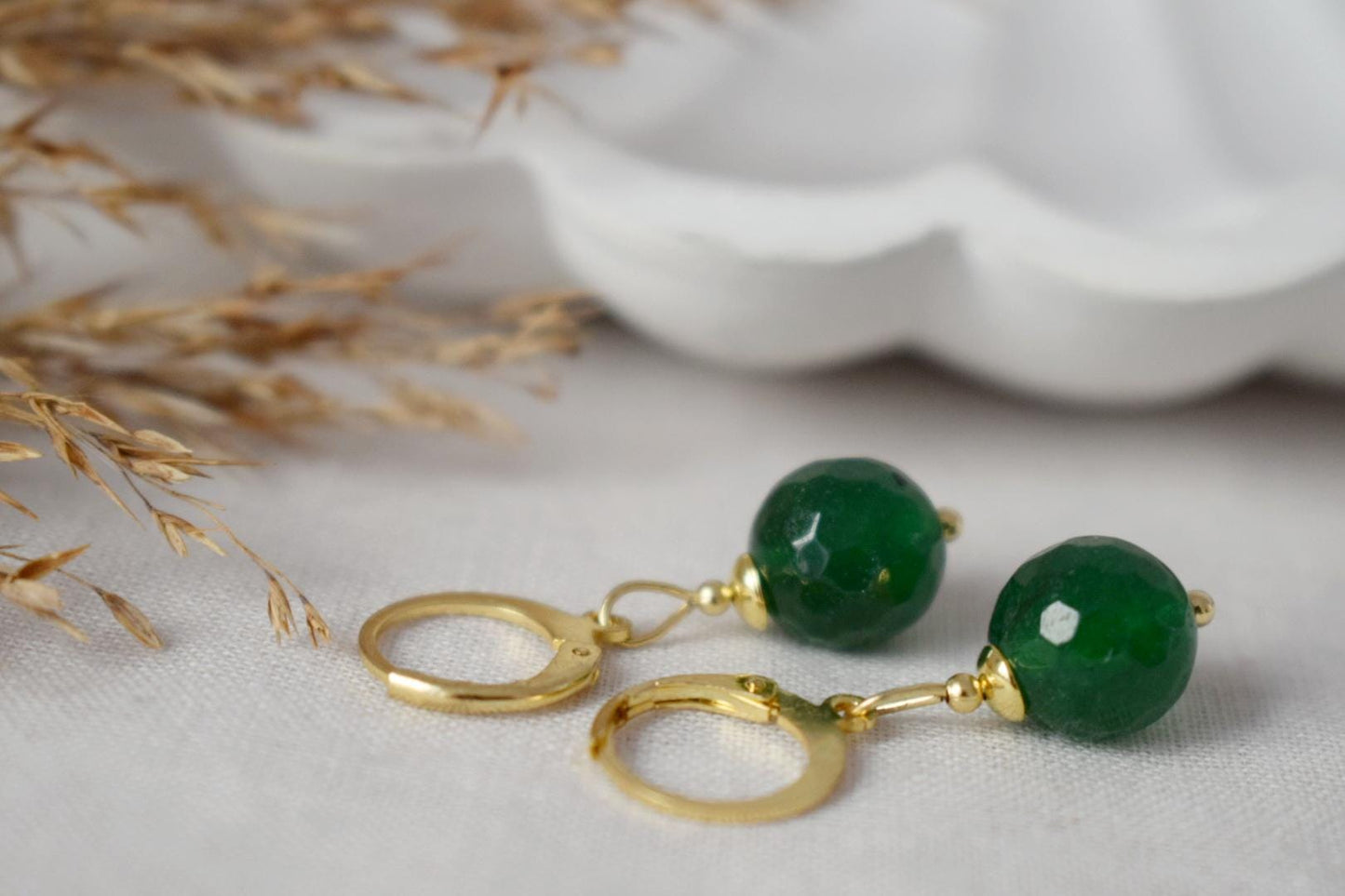 Dark green jade hoop earrings, Gemstone Creole, 24k gold plated stainless steel, Emerald green, Minimalist, Boho jewelry, Handmade Gift