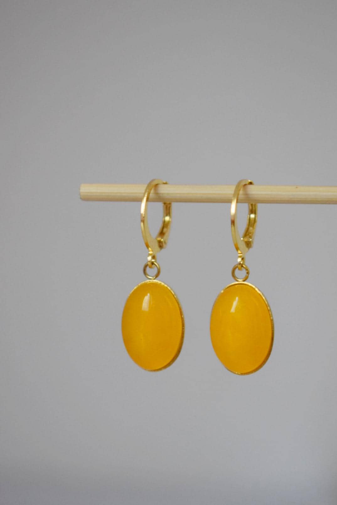 Yellow Jade Gemstone Earrings, Boho Chic Golden Huggie Hoops, Dangle Drop Stone Earrings For Women, Lightweight Jewelry, Gift For Her