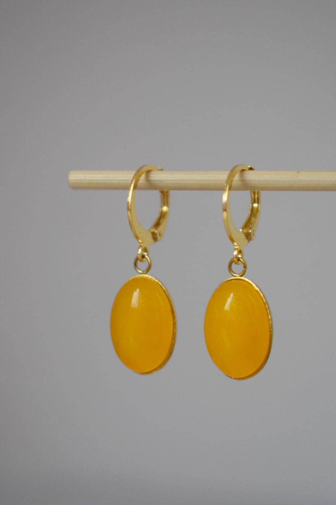 Yellow Jade Gemstone Earrings, Boho Chic Golden Huggie Hoops, Dangle Drop Stone Earrings For Women, Lightweight Jewelry, Gift For Her