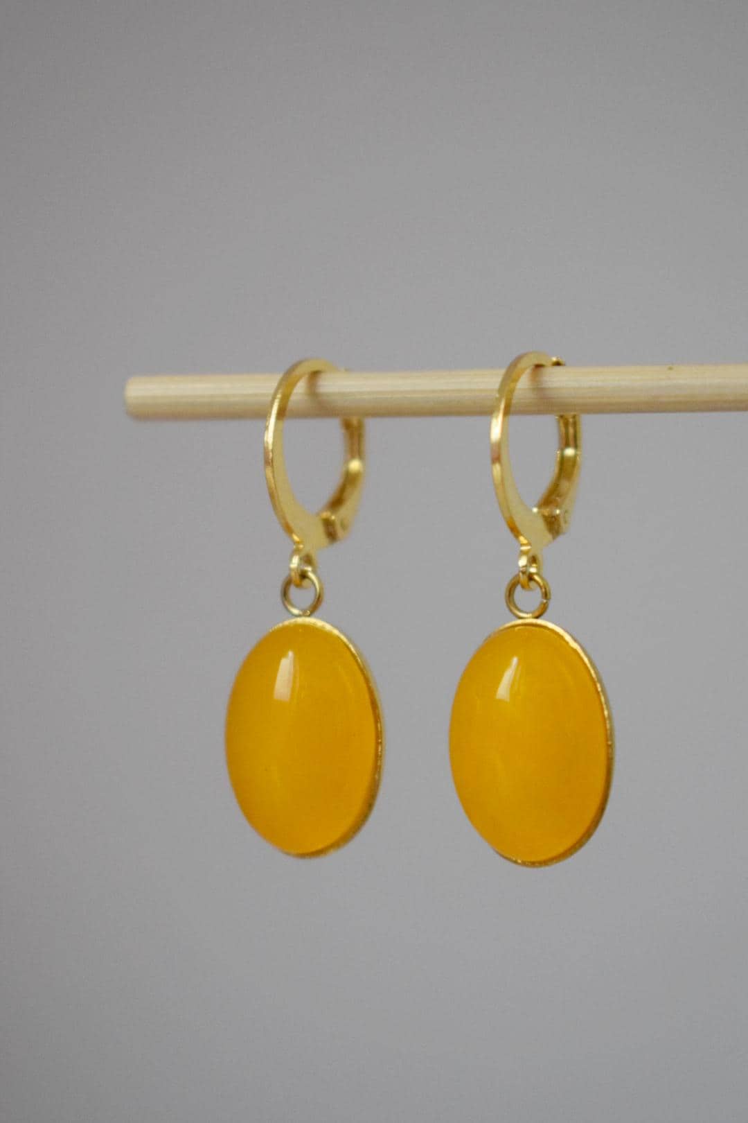 Yellow Jade Gemstone Earrings, Boho Chic Golden Huggie Hoops, Dangle Drop Stone Earrings For Women, Lightweight Jewelry, Gift For Her