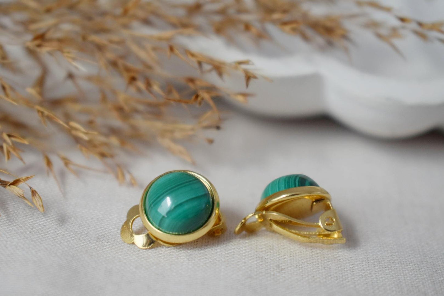 Malachite Clip on earrings women, Small Green gemstone ear clips, Surgical stainless steel, Natural stone, Non pierced, No hole earrings