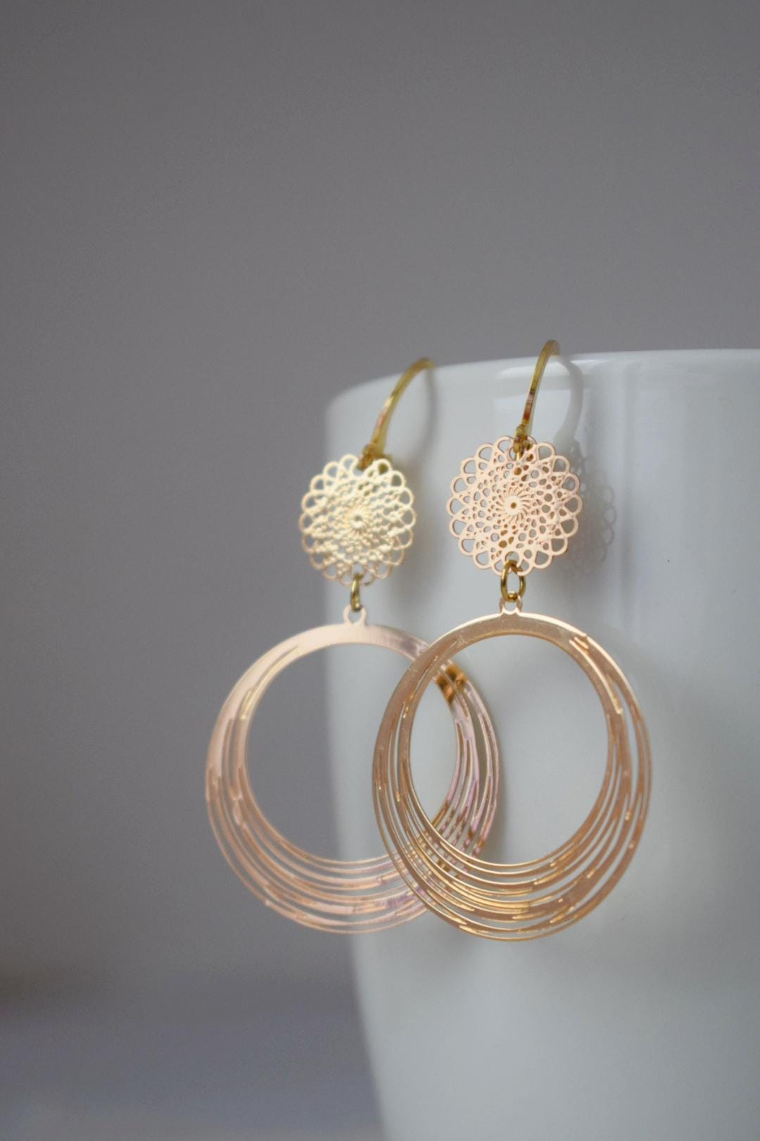 Ornament earrings for women, Mandala earrings, 24k gold plated stainless steel huggie, Boho filigree hoops, Unique jewelry, Gift for her