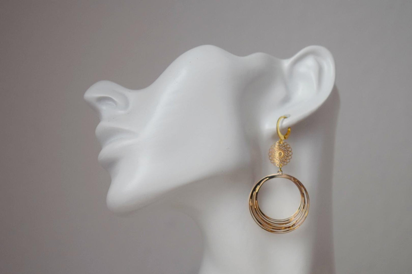 Ornament earrings for women, Mandala earrings, 24k gold plated stainless steel huggie, Boho filigree hoops, Unique jewelry, Gift for her