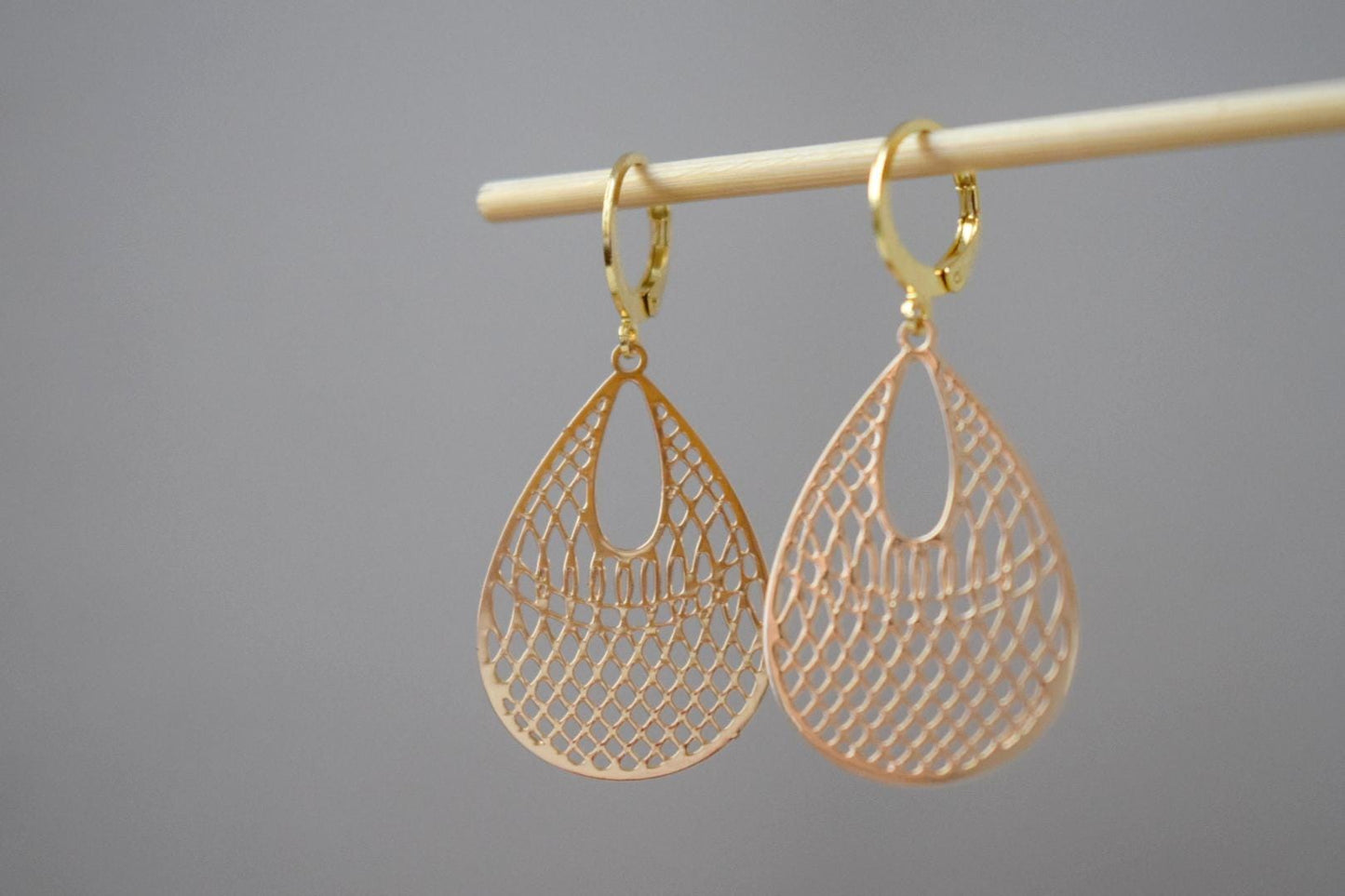 Teardrop ornament earrings for women, Boho filigree lightweight earrings, 24k gold plated stainless steel huggie hoops, Unique jewelry