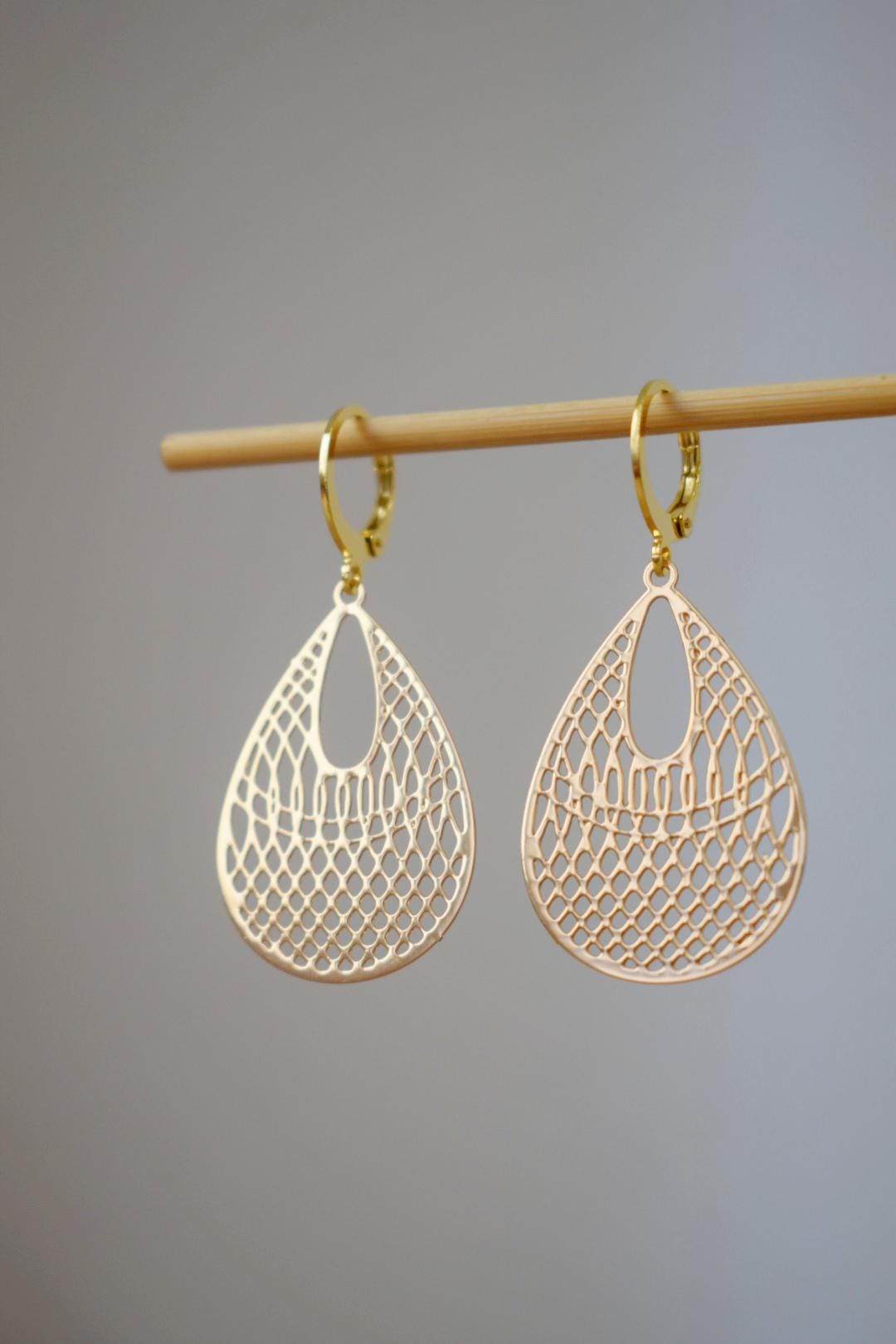 Teardrop ornament earrings for women, Boho filigree lightweight earrings, 24k gold plated stainless steel huggie hoops, Unique jewelry