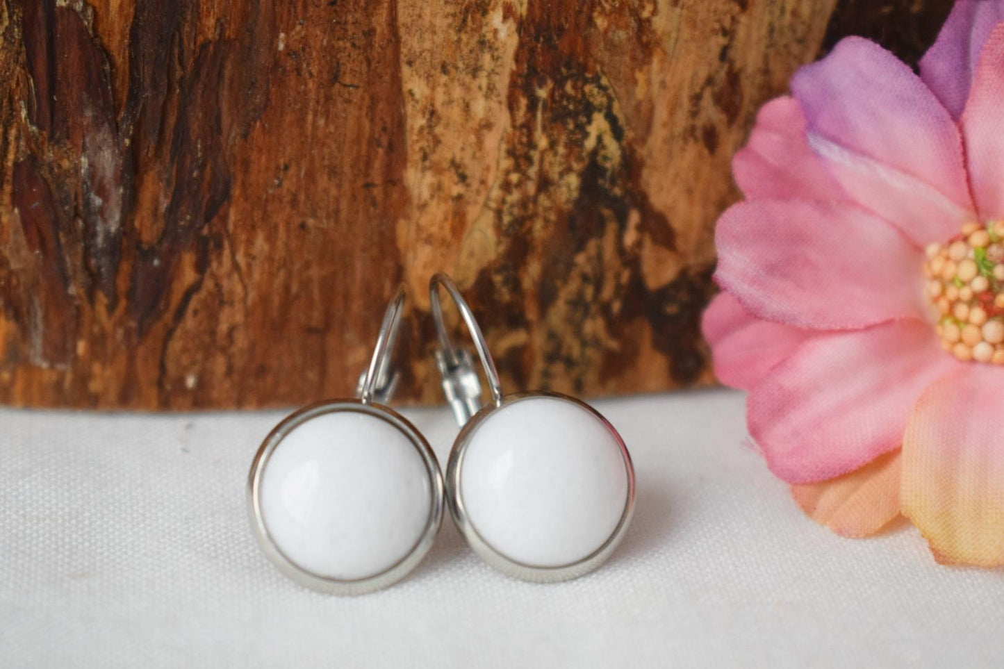 White jade earrings in stainless steel leverback, Small round gemstone earrings, 10mm stone, Jade jewelry, Gift for women