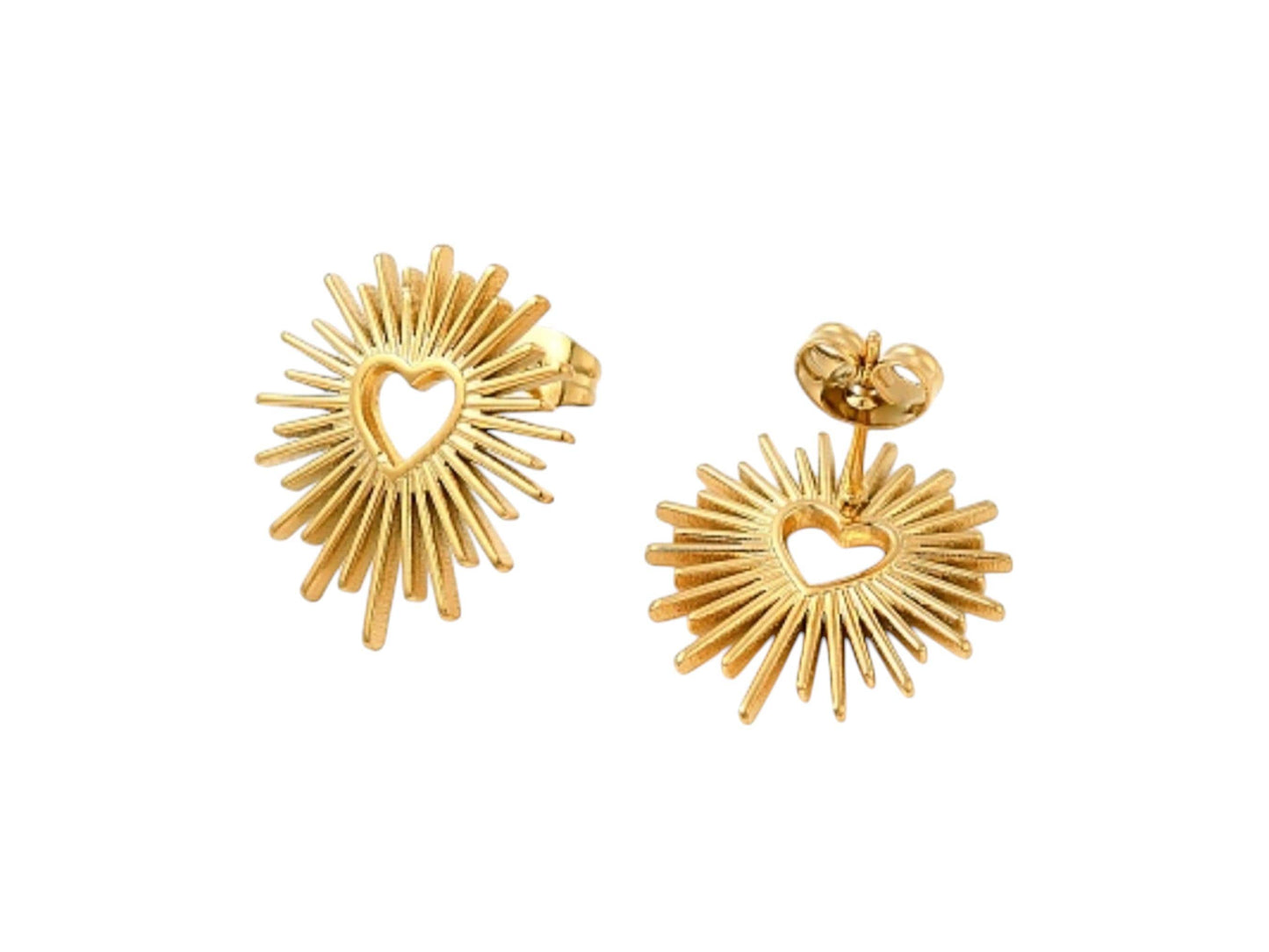 Sunburst heart stud earrings, 18K gold plated stainless steel push earrings, Lightweight post earrings, Modern boho jewelry, Gift for women
